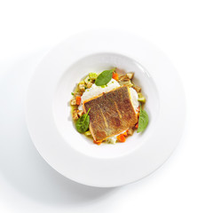 Fried Trout Fillet and Vegetable Stew with Herbs Espuma