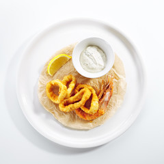 Breaded Fried Squid Rings and Shrimp with Tartar Sauce
