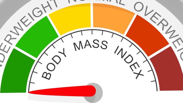 Body mass index meter read high level result. Color scale with arrow from red to green. The measuring device icon. Colorful infographic gauge element. 3D rendering