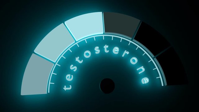 Hormone testosterone level measuring scale. Health care concept illustration. 3D rendering. Flash light indicator. Neon shine