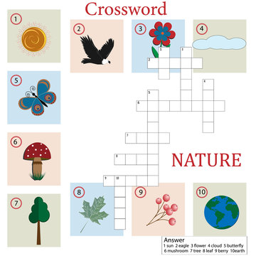 Crossword puzzle for children on the theme of nature, light gray background, with answers, vector