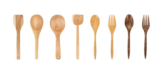 Wooden Spoon and fork set collection Isolated on White Background with clipping path
