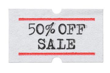50 % OFF Sale printed on price tag sticker isolated on white