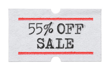 55 % OFF Sale printed on price tag sticker isolated on white