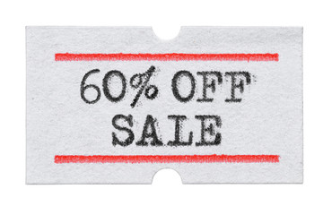 60 % OFF Sale printed on price tag sticker isolated on white