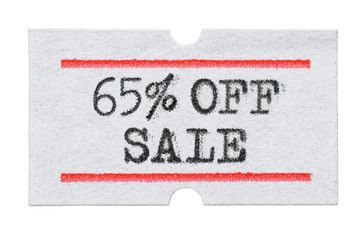 65 % OFF Sale printed on price tag sticker isolated on white