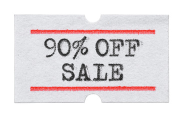 90 % OFF Sale printed on price tag sticker isolated on white
