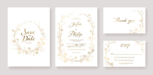 Gold wedding Invitation, save the date, thank you, rsvp card Design template. Vector. Rose flower. vector.