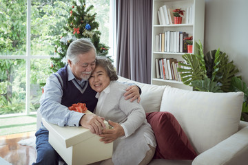 Happy couple old elderly senior man and woman open big gift box, happy with smiling together at home, retirement and healthcare lifestyle and lover concept