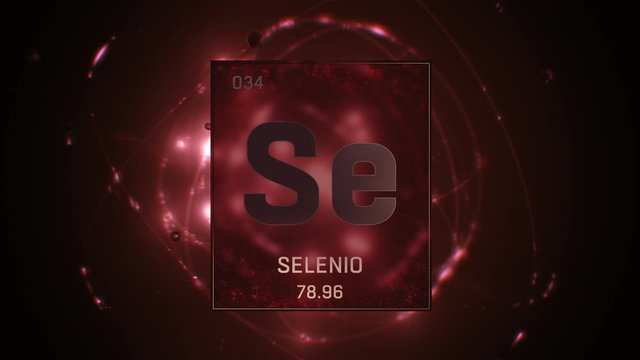 Selenium as Element 34 of the Periodic Table. Seamlessly looping 3D animation on red illuminated atom design background with orbiting electrons. Name, atomic weight, element number in Spanish language