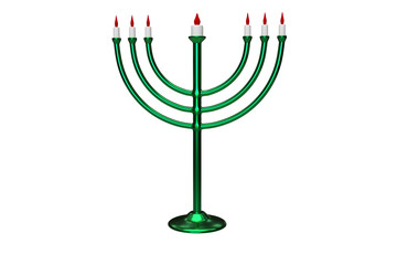 Green hanukkah menorah with burning candles on white background. 3d rendering.
