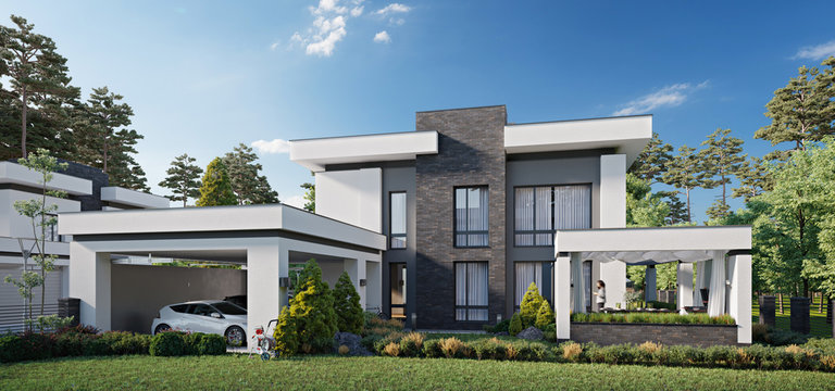 Modern Private House, 3d Rendering