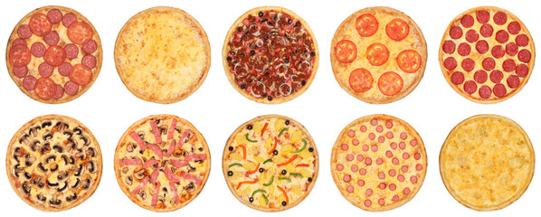 Set of pizza photos on a white isolated background