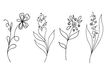 Big outline set of summer tropical flowers. Floral botanical flower set isolated on white background. Hand drawn vector collection. Botanical Hawaii nature. Tropical palm icon. Hawaiian collection