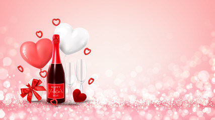 Happy Valentine's Day banner. Vector illustration with champagne bottle, glasses, gift box, ring box, candles, air balloons and red hearts on pink background with effect bokeh. Holiday gift card.