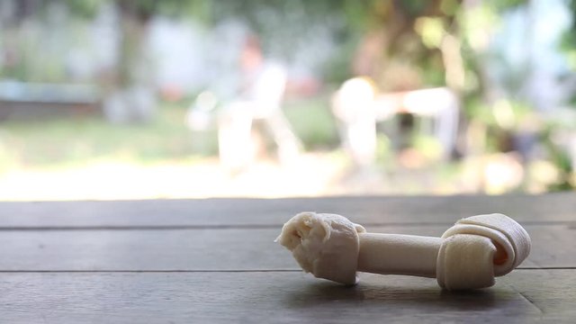 Dog bone, Ate Dog treats, Rawhide dog chews bitten on wooden table texture in bokeh green garden, Close up and Macro shot, Selective focus, Snack food dog concept