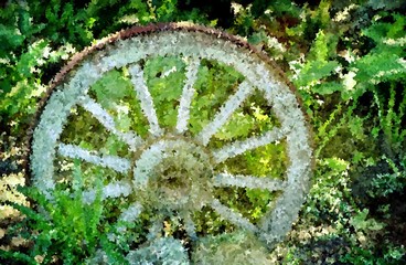 Close up of a Wagon Wheel in a Garden
