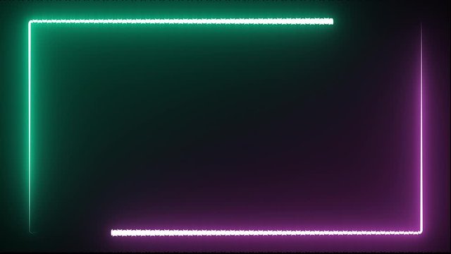 Modern abstract lines glowing neon background in purple and mint colors. The lines move in the shape of a rectangle, fluorescent ultraviolet light LED motion screen design.
