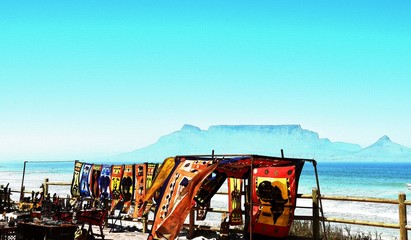 Landscape with an African market and Table Mountain in the background