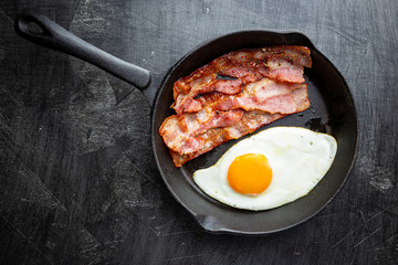 Fried eggs and bacon for breakfast on a frying pan, top view, copyspace