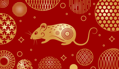 Happy new year 2020 banner. Chinese new year greetings, Year of the Rat. Chinese zodiac symbol of 2020. Golden Asian Elements on Red Background. Gold Lantern, Balls. Vector illustration.