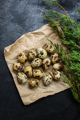 quail eggs (tasty fresh, vitamins) menu concept. food background. top view. copy space