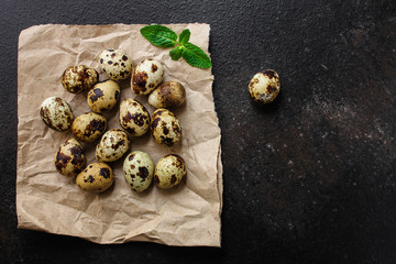 quail eggs (tasty fresh, vitamins) menu concept. food background. top view. copy space