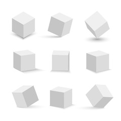 White cubes set. 3D abstract box with shadow. Geometric set. Paper square empty package. Gift box or shoebox.