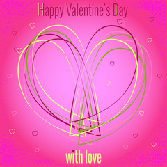 Heart shaped contour lines, neon colors on pink background, blur and shadow around edges. Romantic design for Valentines day. Two halves stack in one heart. Vector illustration in outline style.