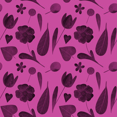 seamless pattern with cute watercolor illustration of stylized flowers.