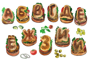 The letters of the Cyrillic alphabet, painted with watercolors in the form of burgers, part 1