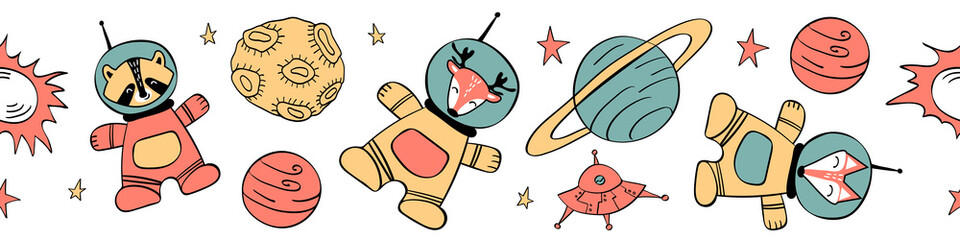 Seamless horizontal border with cute animals in space. Vector illustration.