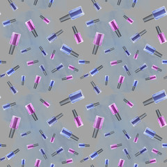 Watercolor seamless pattern with nail polish and tools. Hand drawn illustration.