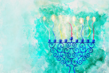 watercolor style and abstract image of jewish holiday Hanukkah with menorah (traditional candelabra)