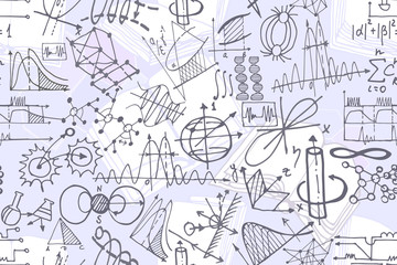 Vector seamless pattern with sketch elements related to science or education. Physics or chemistry abstract background with parts of decorative tools and diagrams on   white board. Hand drawn.