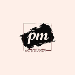 Initial letter PM handwriting logo template. with box lines, and brush inside