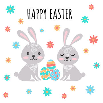 Easter rabbits with eggs. Happy Easter greeting card. Cute bunnies vector illustration.