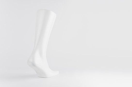 Elegant white male model foot on soft light white background, template for presentation, design, advertising, copy space, backside.