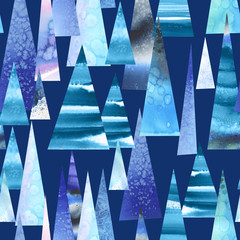 Naklejka premium Festive Christmas and New Year forest. Winter night watercolor landscape from triangular textured snowy fir trees. Decorative seamless pattern for clothes, baby fabrics, covers, wallpapers. Blue gamma