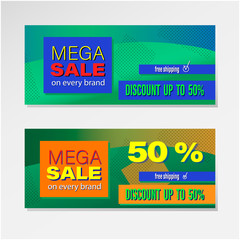 A set of two advertising banners with free shipping and a 50% discount on each brand. Headers for the Mega Sale website