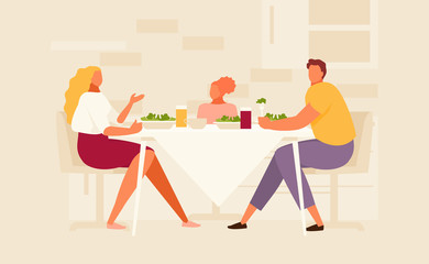 Family eating at the kitchen table. Dinner and leisure activities illustration