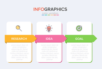 Concept of arrow business model with 3 successive steps. Three colorful graphic elements. Timeline design for brochure, presentation. Infographic design layout.