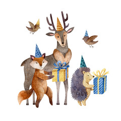 Watercolor illustration with animal characters in birthday caps with gift boxes: deer, fox, hedgehog and birds. Childish style, hand drawn clipart, birthday and baby shower celebration concept.
