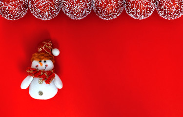 Red background for Christmas and new year cards with snowman and red balls.
