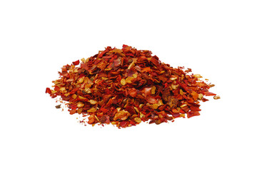 heap of ground dried chili pepper flakes isolated on white background, full depth of field