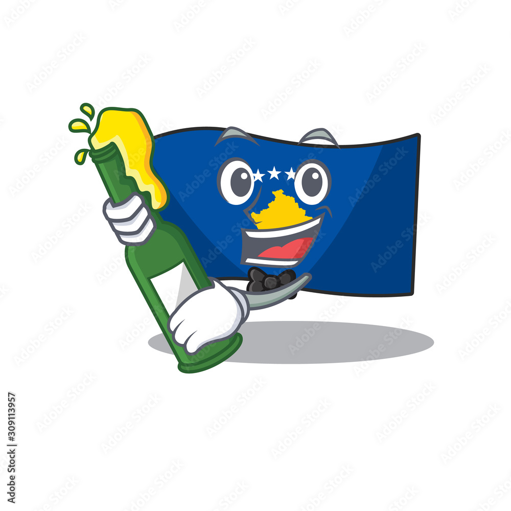 Poster cool flag kosovo with beer mascot cartoon style