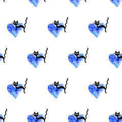 Cute seamless pattern with hearts and cats. Romantic texture for backgrounds, wrapping paper, packaging, greeting cards, prints, covers, fabric, textile, birthday, Valentine's Day