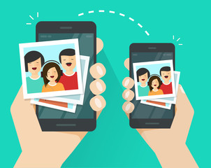 Photo pictures upload or sharing or transferring wirelessly between two connected mobile phones or cellphones vector, flat cartoon smartphones and photo files transfer network, air exchange