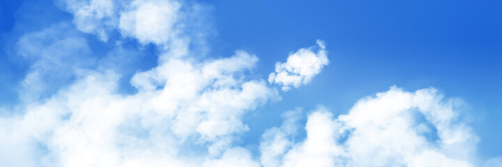 Fototapeta premium Colorful panoramic landscape: blue sky and fluffy clouds. (Plane backplate, 3D rendering computer digitally generated illustration.)