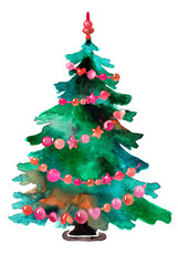 Christmas fir. Watercolor illustration for paper, prints, invitation cards, present.